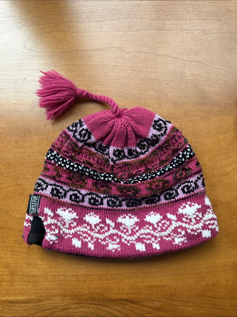 Turtle Fur Pink Fair Isle Pom Pom Beanie, Ponytail Opening.
